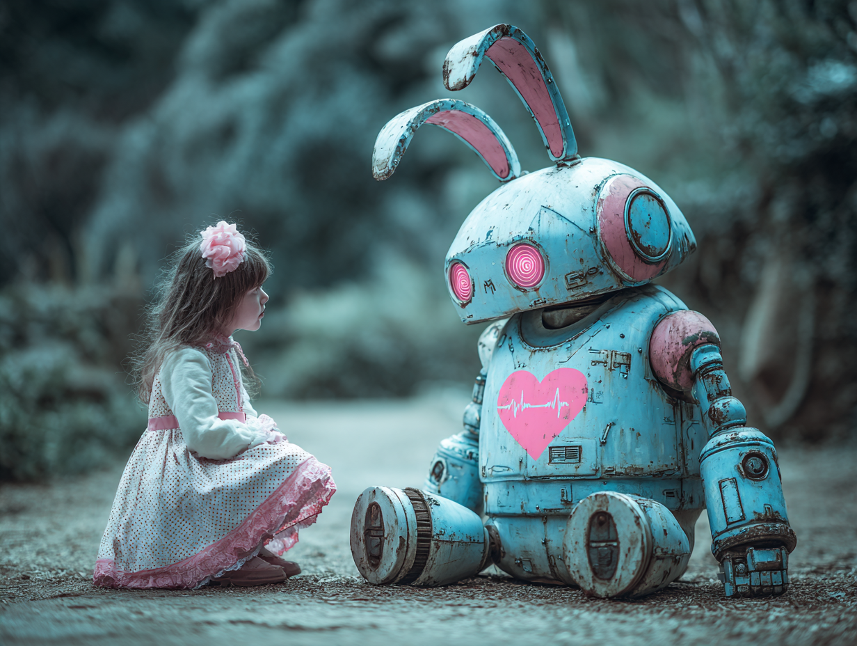 A young child sits face to face with a weathered blue robot rabbit.