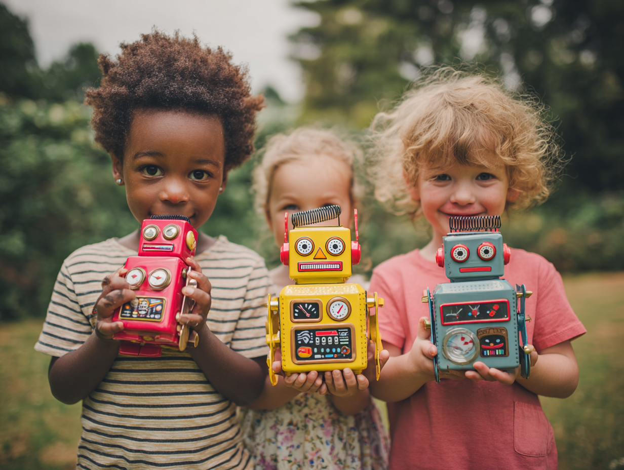 Three children outdoors hold colorful handmade robot toys.