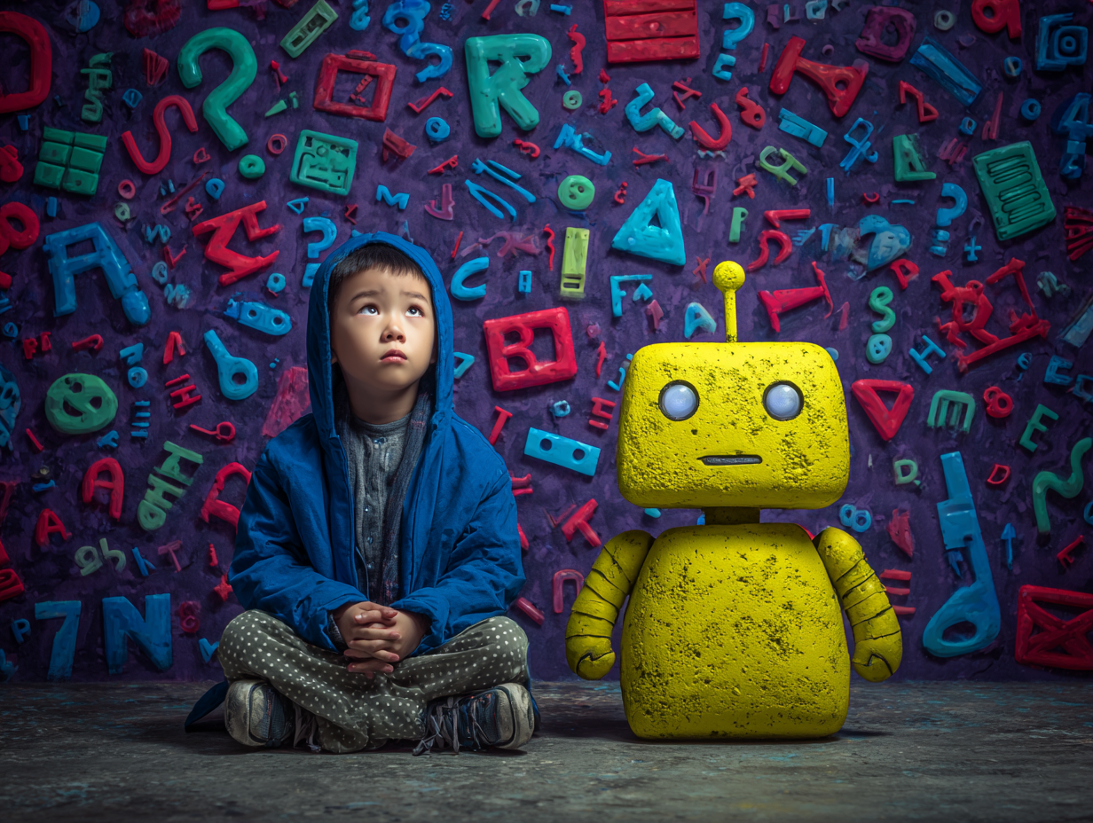 A thoughtful child and yellow robot sit beneath a wall of questions, letters, and symbols.