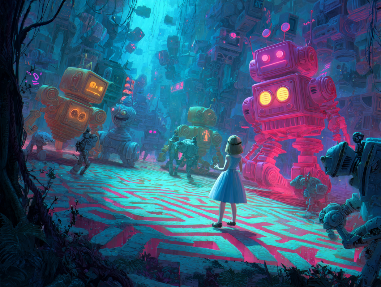 Alice stands in a luminous city filled with towering robots.