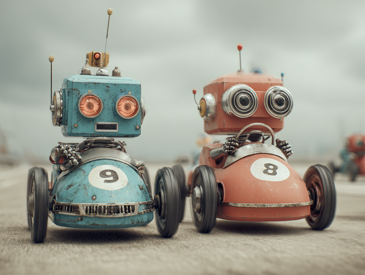 Two toy robots race side by side in numbered cars.